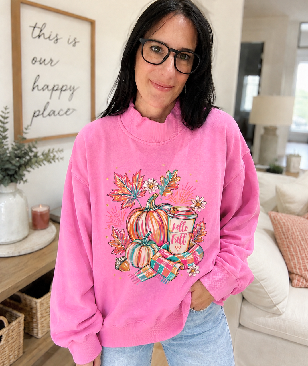 Hello fall pink mockneck sweatshirt