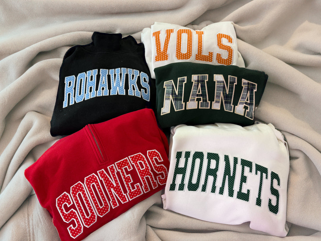CUSTOM APPLIQUE EMBROIDERY FABRICS CREW NECKS