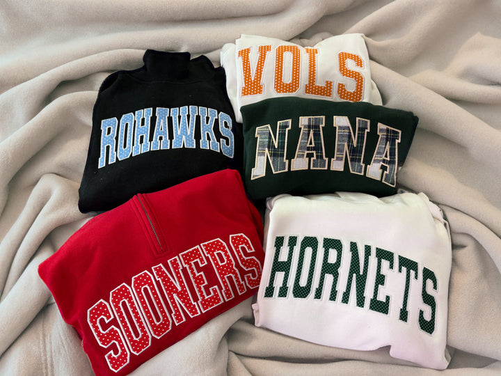 CUSTOM APPLIQUE EMBROIDERY FABRICS CREW NECKS
