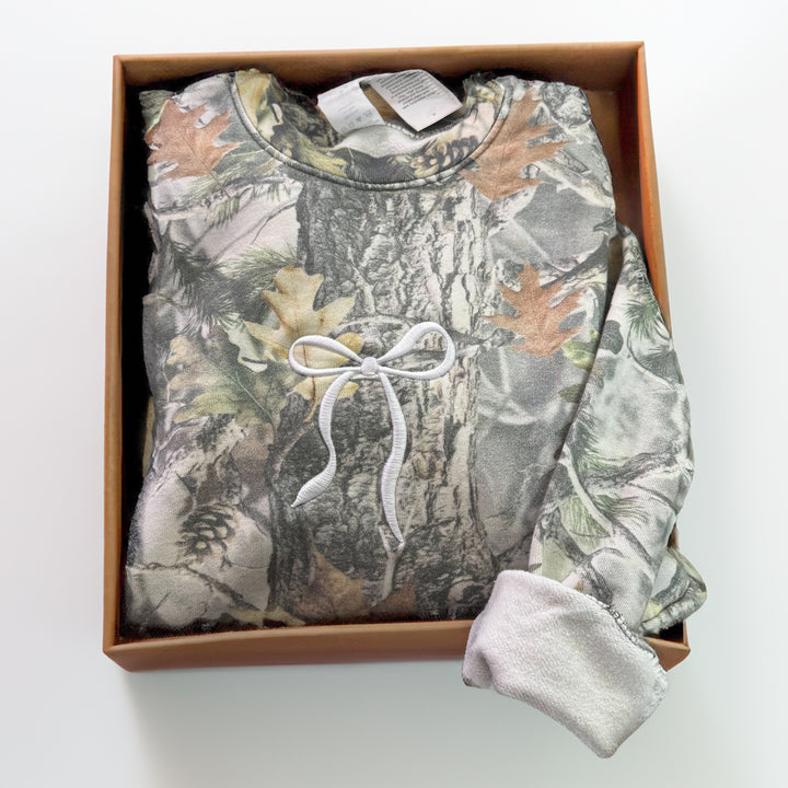 Camo with embroidered white bow